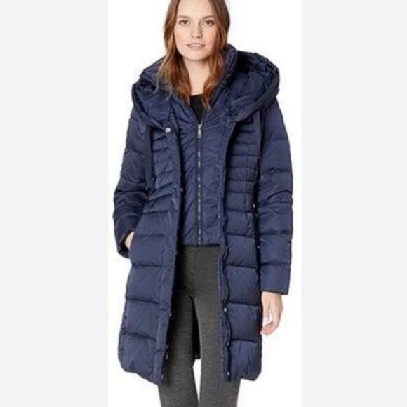 Tahari Hooded Puffer Coat Women's Large Blue Quilted Fitted Winter Jacket - Picture 1 of 14